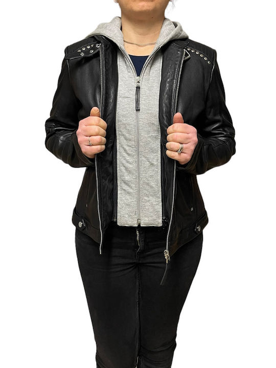 MARKOS LEATHER Women's Short Lifestyle Leather Jacket for Winter with Hood Black