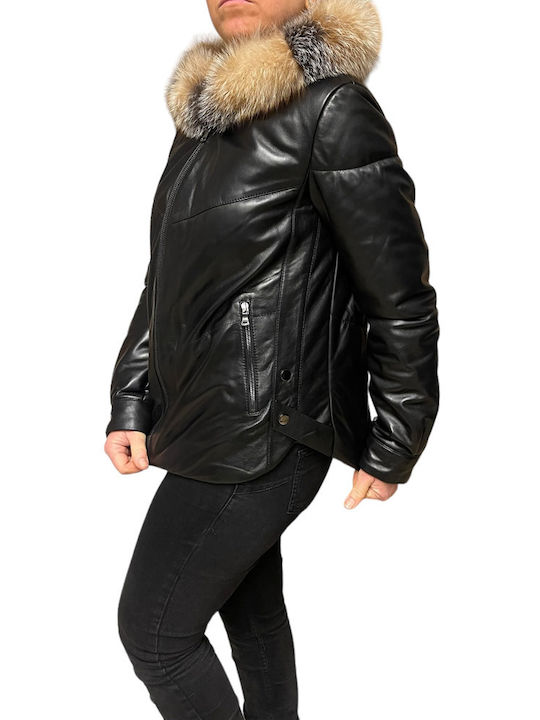 MARKOS LEATHER Women's Short Lifestyle Leather Jacket for Winter with Hood Black