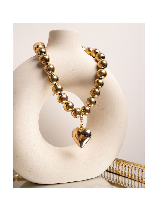 Necklace with Metal Beads and Detachable Heart in Gold