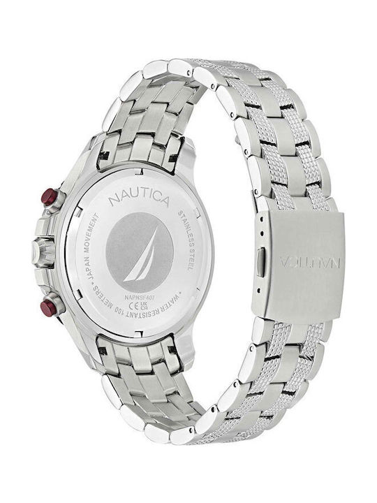 Nautica Ανδρικό Ρολόι 44mm Χρονογράφος Μπαταρίας με Ασημί Μεταλλικό Μπρασελέ