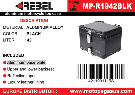 Rebel Aluminium Motorcycle Top Case 42lt Black