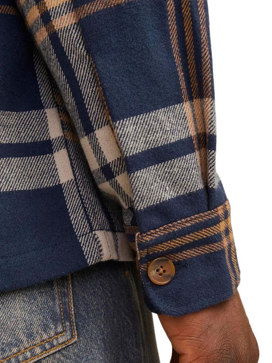 Melange Long Sleeve Cotton Overshirt In Regular Fit Checked Night Sky Multi