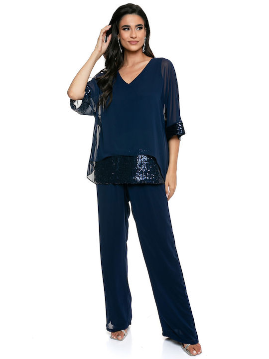 RichgirlBoudoir Women's Blue Set with Trousers in Straight Line