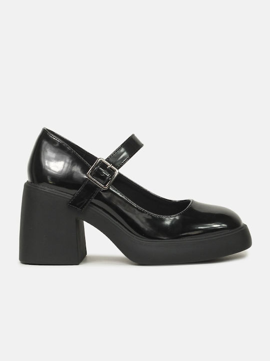 InShoes Patent Leather Black Heels with Strap