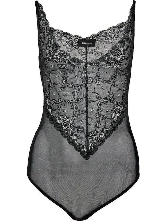 Sleeveless Bodysuit with Mesh & Lace Regular Fit Black