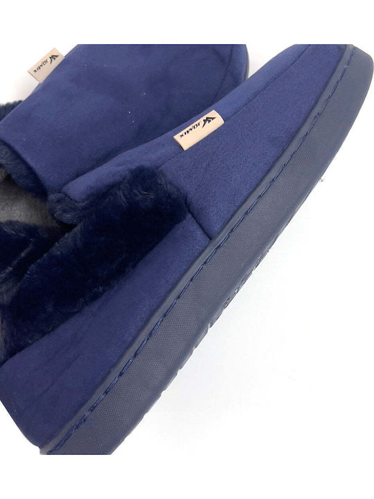 Heel Enclosed Men's Slippers with Fur Blue