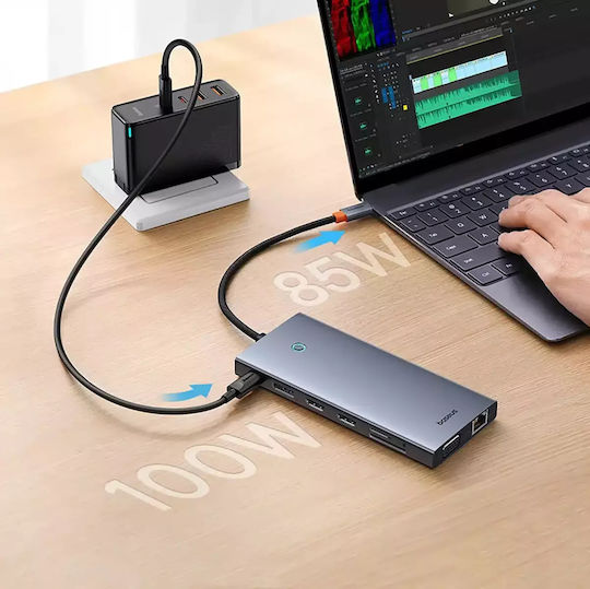 Baseus HUB PortalJoy Series USB-C Docking Station with HDMI/DisplayPort 4K PD Ethernet and Support for 4 Monitors Gray