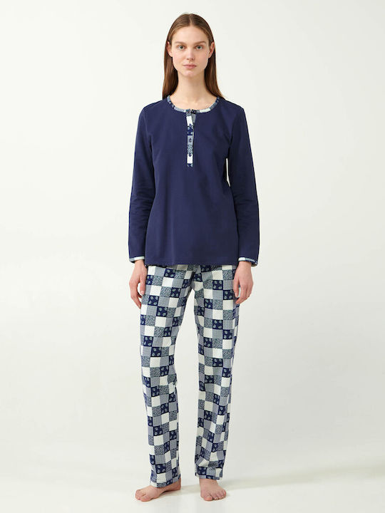 Vamp Winter Damen Pyjama-Set Baumwolle Blue