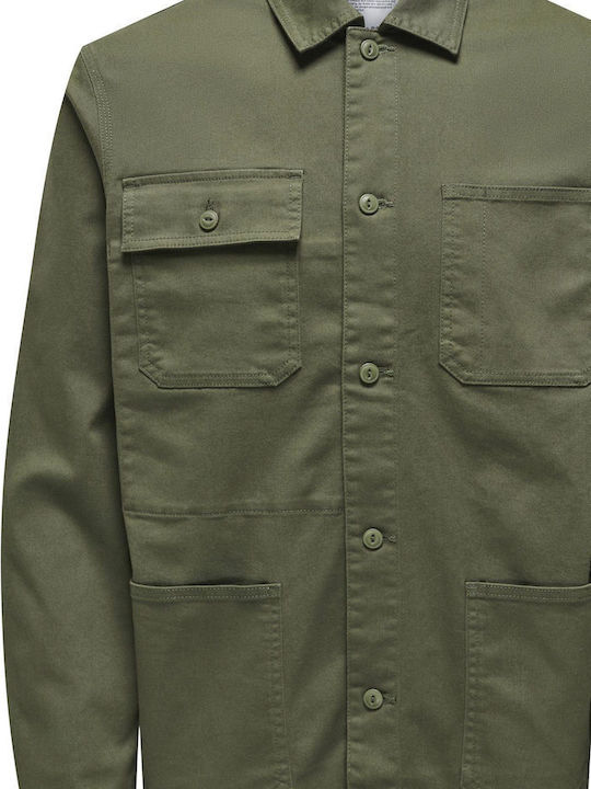 Long Sleeve Overshirt in Wide Line Olive Night