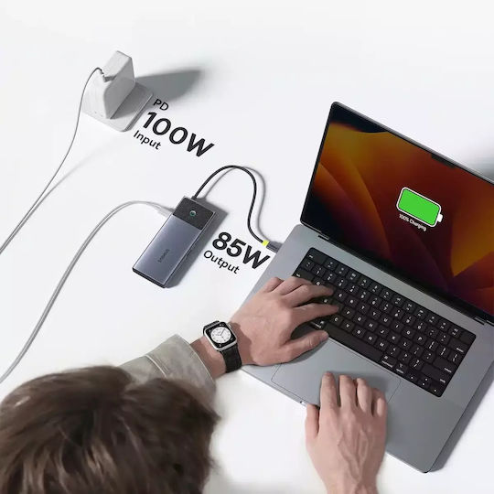 Baseus Metal Gleam Series II 7in1 USB-C Stație de andocare cu HDMI 4K PD Ethernet și conexiune 2 monitoare Argintiu