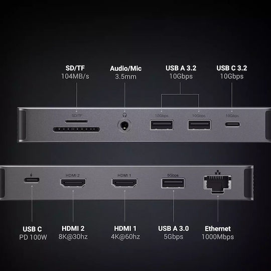 Ugreen CM681 USB-C Docking Station with HDMI/DisplayPort 4K PD Ethernet and Support for 3 Monitors Silver