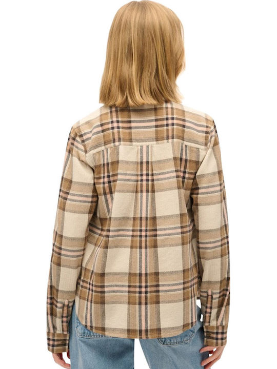 Lumberjack Flannel Μακρυμάνικο Γυναικείο Πουκάμισο Beige, Cream Καρό