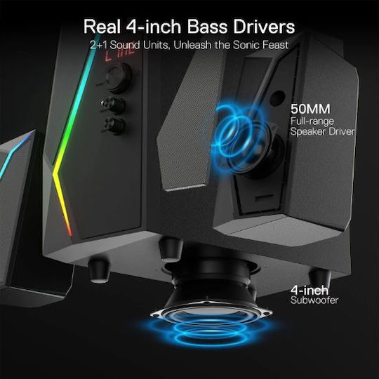 Redragon ANVIL PRO GS520-PRO Ασύρματα Ηχεία Υπολογιστή 2.1 με RGB Φωτισμό και Bluetooth Ισχύος 25W σε Μαύρο Χρώμα