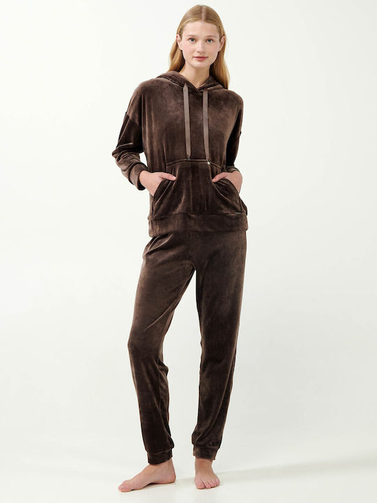 Vamp Winter Damen Pyjama-Set Samt Brown Cocoa