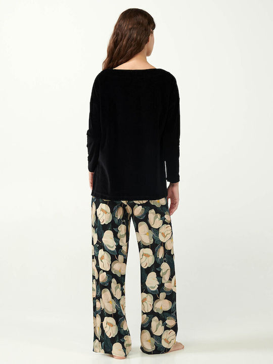 Vamp Winter Damen Samt Pyjama-Oberteil Black