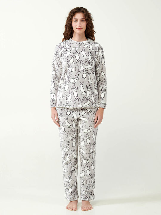 Vamp Winter Damen Vlies Pyjama-Oberteil Light Gray