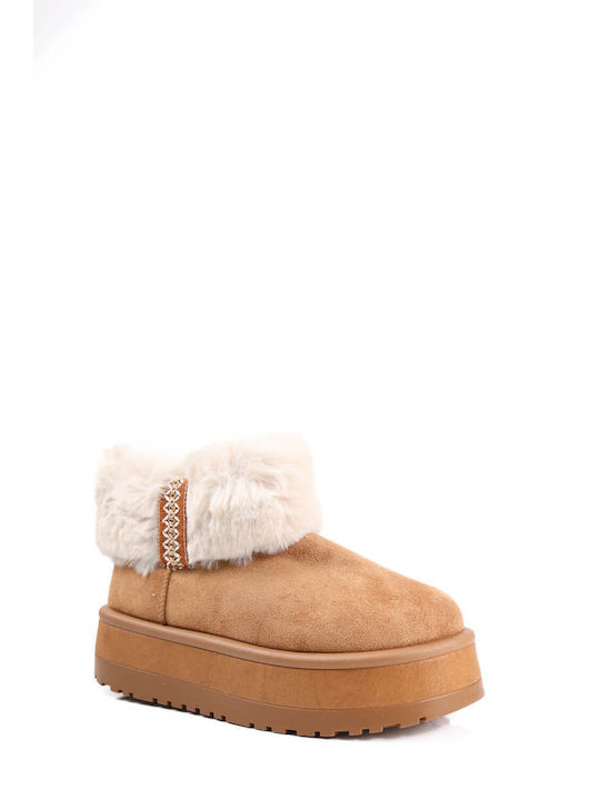 Tan Fur Ankle Boots with Boho Elements