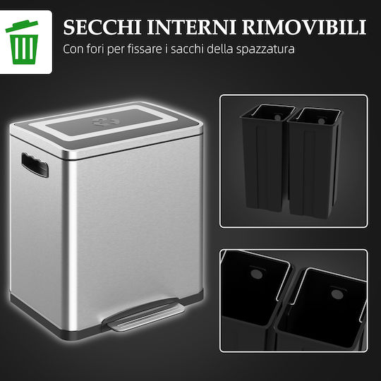 HomCom Πλαστικός Κάδος Ανακύκλωσης με Πεντάλ 2x15lt Ασημί