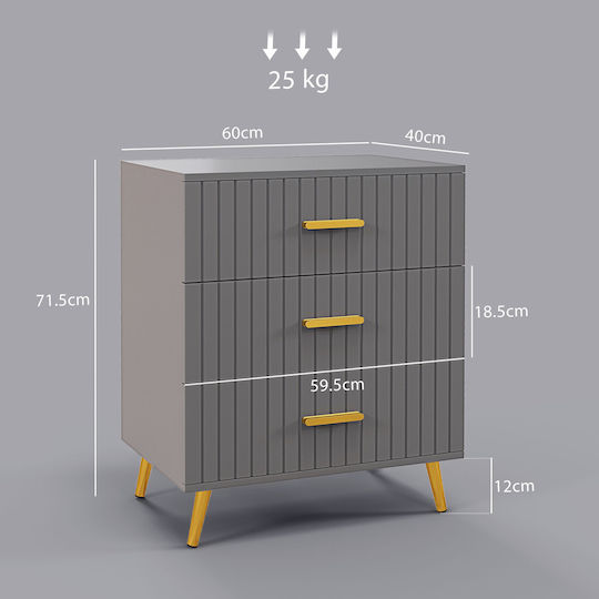 Wooden & Metallic Chest of Drawers with 3 Drawers Gold and Dark Grey 60x40x71.5cm