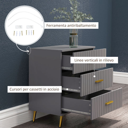 Wooden & Metallic Chest of Drawers with 3 Drawers Gold and Dark Grey 60x40x71.5cm