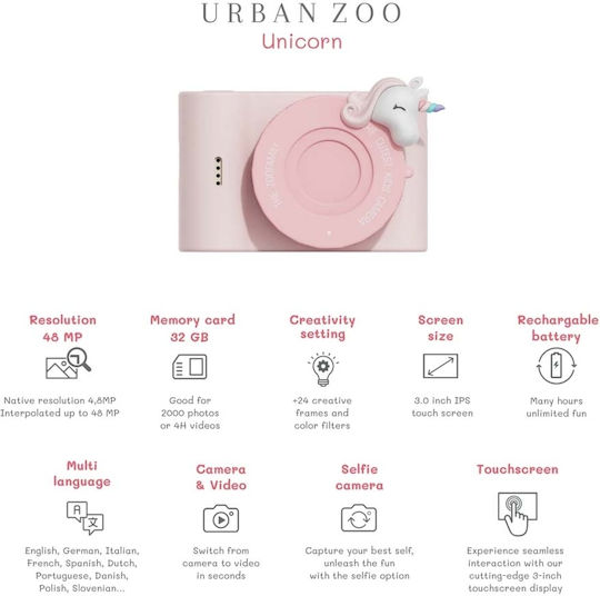 The Zoofamily Urban Zoo Unicorn Compact Camera 48MP Pink
