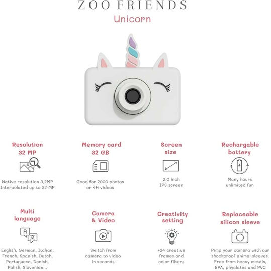 The Zoofamily Zoo Friends Einhorn Kinderkamera 32MP Weiß
