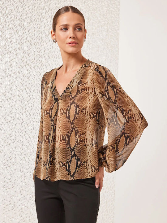 Enzzo Damen Bluse Langärmelig mit V-Ausschnitt Tierdruck Coffee