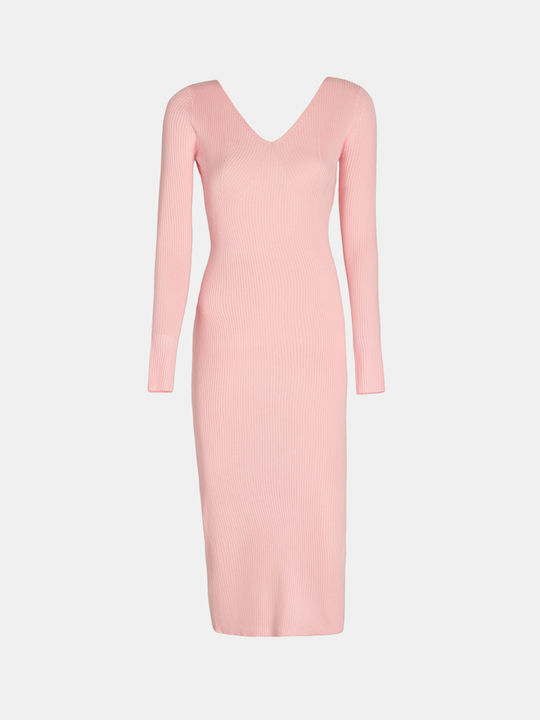 Knitted Maxi V Neck Dress Pink Pink