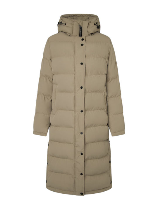 Pepe Jeans Women's Long Puffer Jacket for Winter Beige