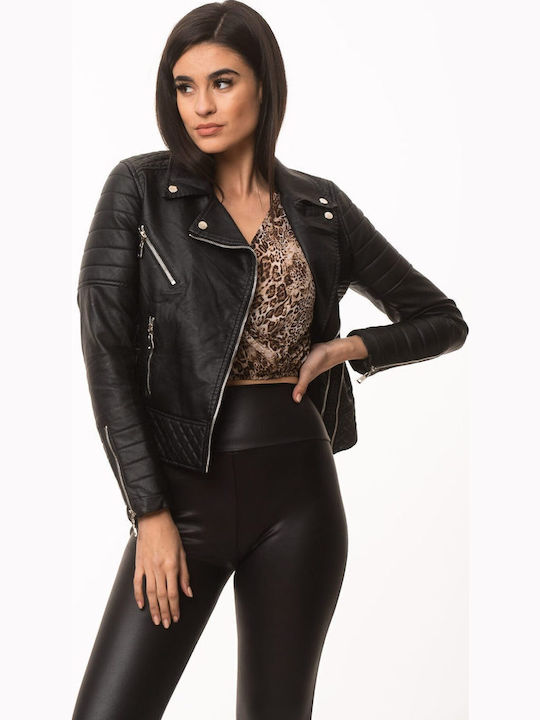 Women's Short Biker Artificial Leather Jacket for Winter Black