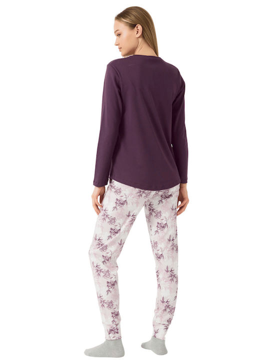 Minerva Winter Damen Pyjama-Set Baumwolle Eggplant Floral