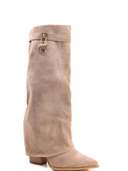 Beige Western Suede Texture Boots