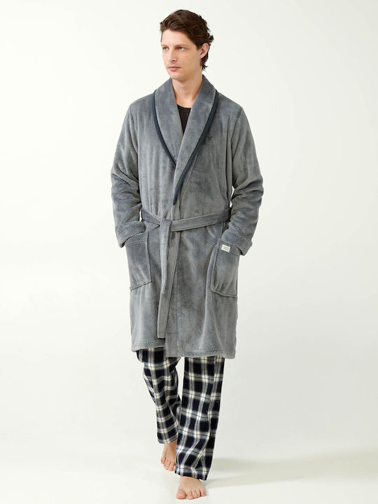 Vamp Men's Winter Fleece Pajama Robe Gray