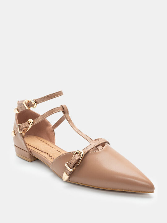 Luigi Synthetic Leather Pointy Ballerinas With strap Beige