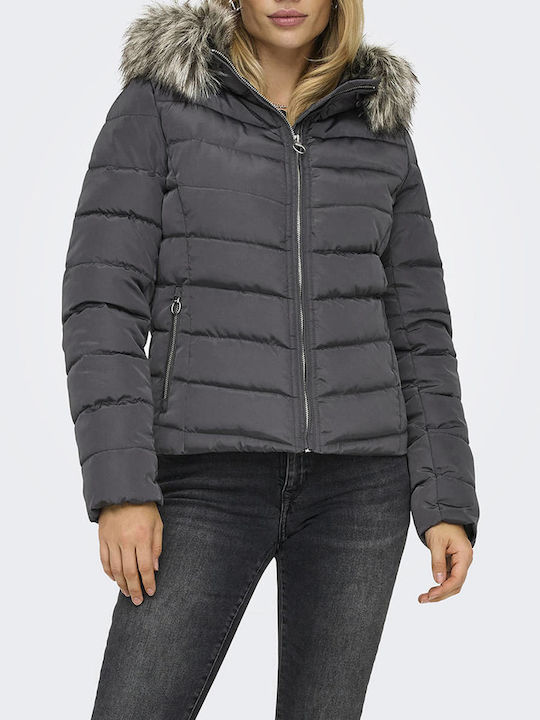 Only Women's Short Puffer Jacket for Winter with Hood Dark Gray