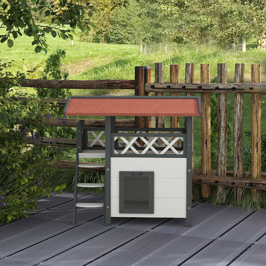 Pawhut Outdoor Cat House Veranda Wooden Ladder 77x50x73cm White Grey