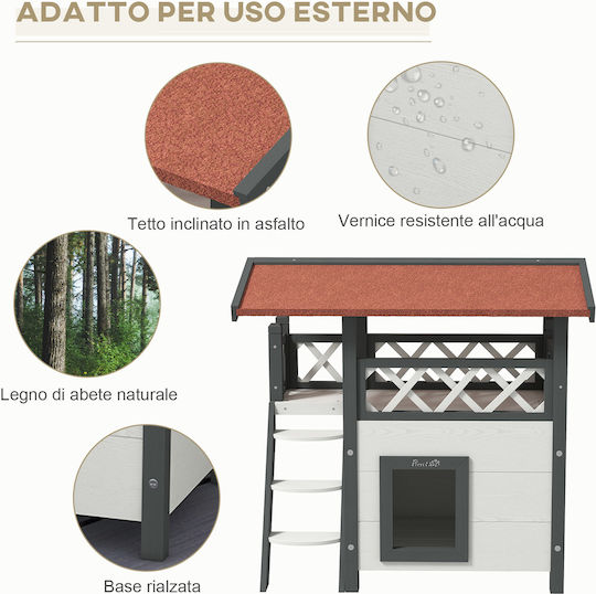Pawhut Outdoor Cat House Veranda Wooden Ladder 77x50x73cm White Grey