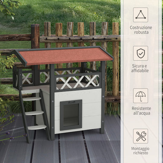 Pawhut Outdoor Cat House Veranda Wooden Ladder 77x50x73cm White Grey