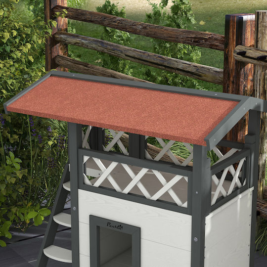 Pawhut Outdoor Cat House Veranda Wooden Ladder 77x50x73cm White Grey