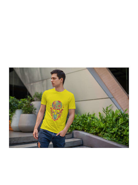 Psychedelic Skull Art T-shirt Yellow Cotton