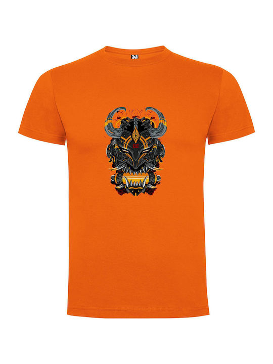 Horned Samurai Oni Mask T-shirt Orange Cotton