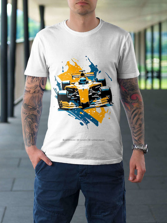 Abstract Racing Car Illustration T-shirt White Cotton