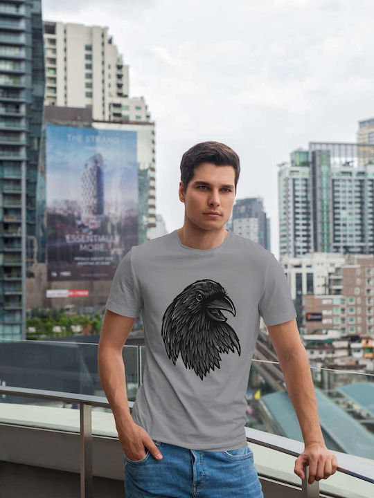 Raven Illustration T-shirt Gray Cotton