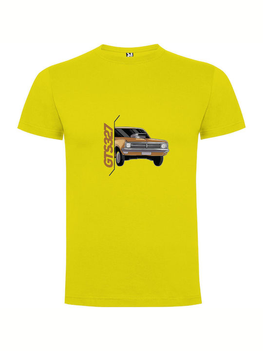 Vivid Retro Vehicle Illustration T-shirt Yellow Cotton