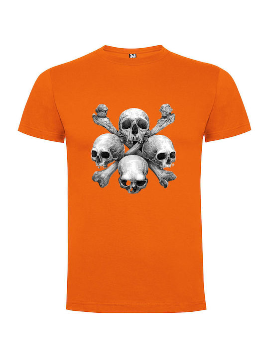 Skull Stack: Darkly Detailed T-shirt Orange Cotton