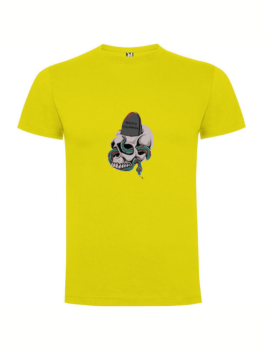 Spooky Skull Hat Art T-shirt Yellow Cotton