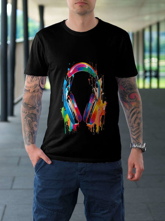 Colorful Headphones T-shirt Black Cotton