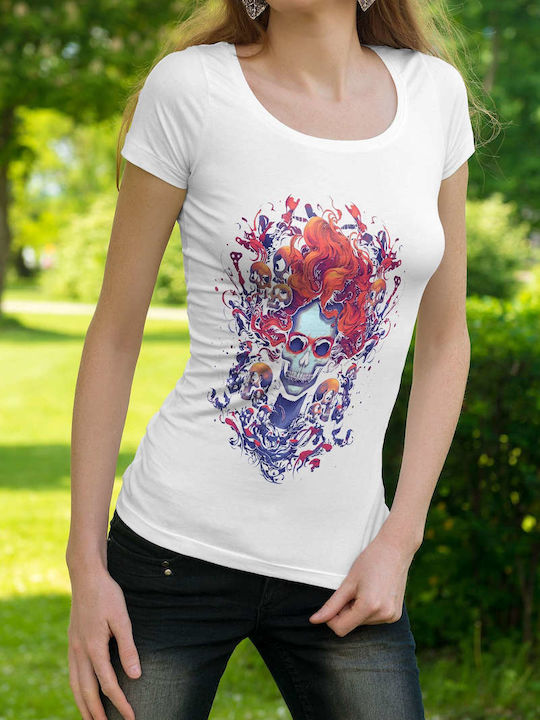 Vibrant Skull Art T-shirt White Cotton