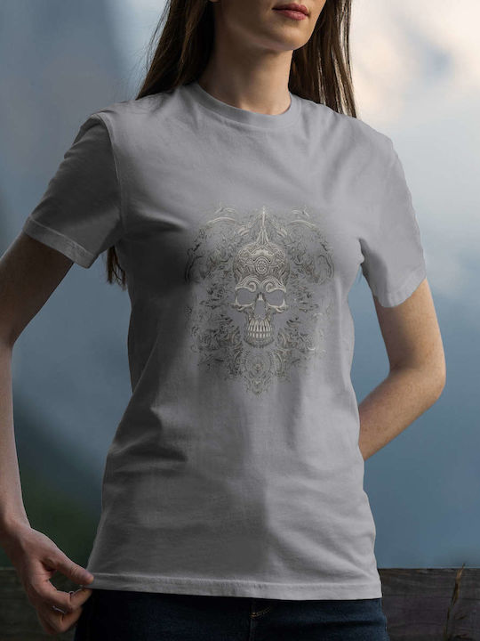 Intricate Skull Design T-shirt Gray Cotton