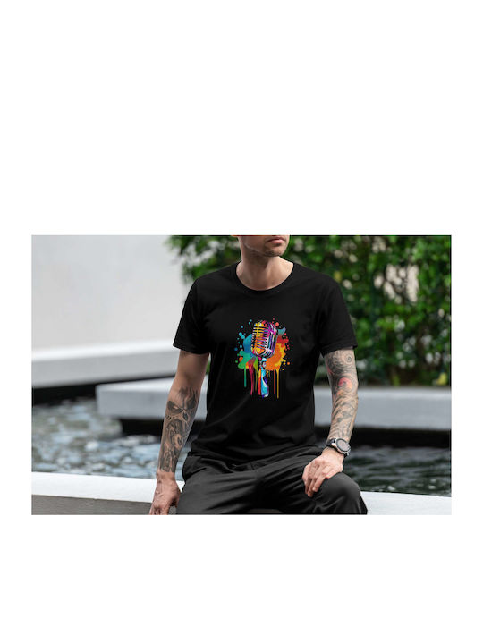 Colorful Guitar Splash T-shirt Black Cotton